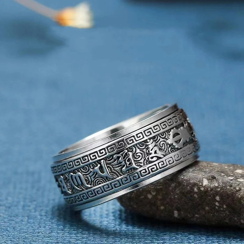 Bague homme argent sterling 925 rotative anti-stress motifs mantra zen porte-bonheur