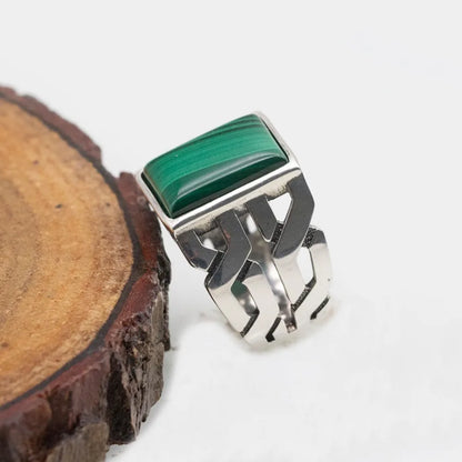 Bague homme malachite pierre naturelle verte de guérison rectangle argent sterling 925 