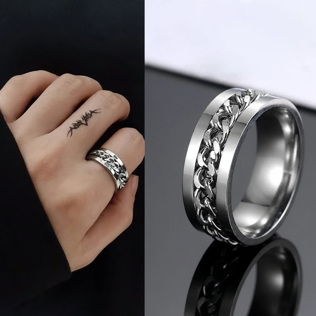 Bague homme tournante argentée portée à la main et vue en gros plan