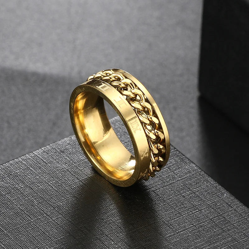 Bague homme tournante dorée en acier inoxydable anti-stress