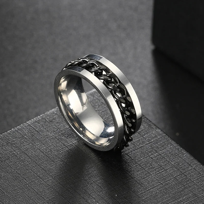 Bague homme tournante argentée et noire avec chaîne mobile