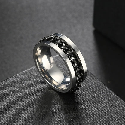Bague homme tournante argentée et noire avec chaîne mobile