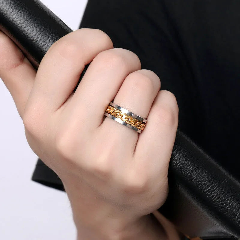 Bague homme tournante bicolore argentée et dorée en acier inoxydable portée annulaire