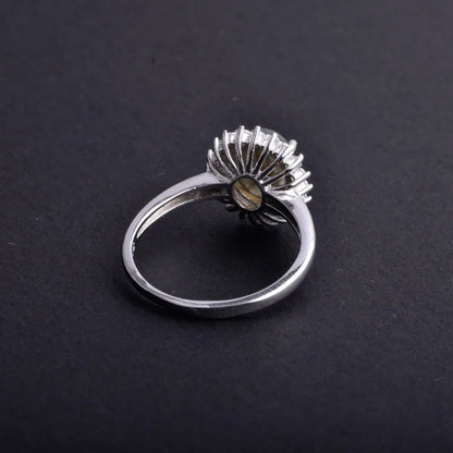 Bague labradorite en forme de soleil entouré de zircons argent femme