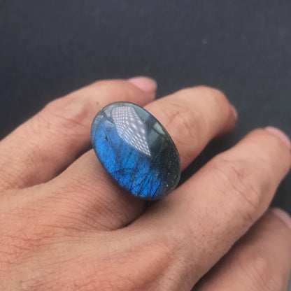 Bague labradorite bleue ovale anti-stress ajustable argent sterling 925 bouclier énergétique vertus apaisante