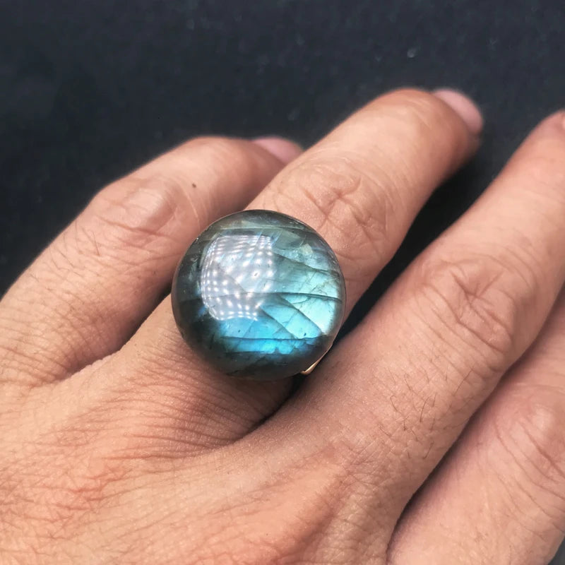 Bague labradorite bleue ronde  anti-stress ajustable argent sterling 925 bouclier énergétique vertus apaisante