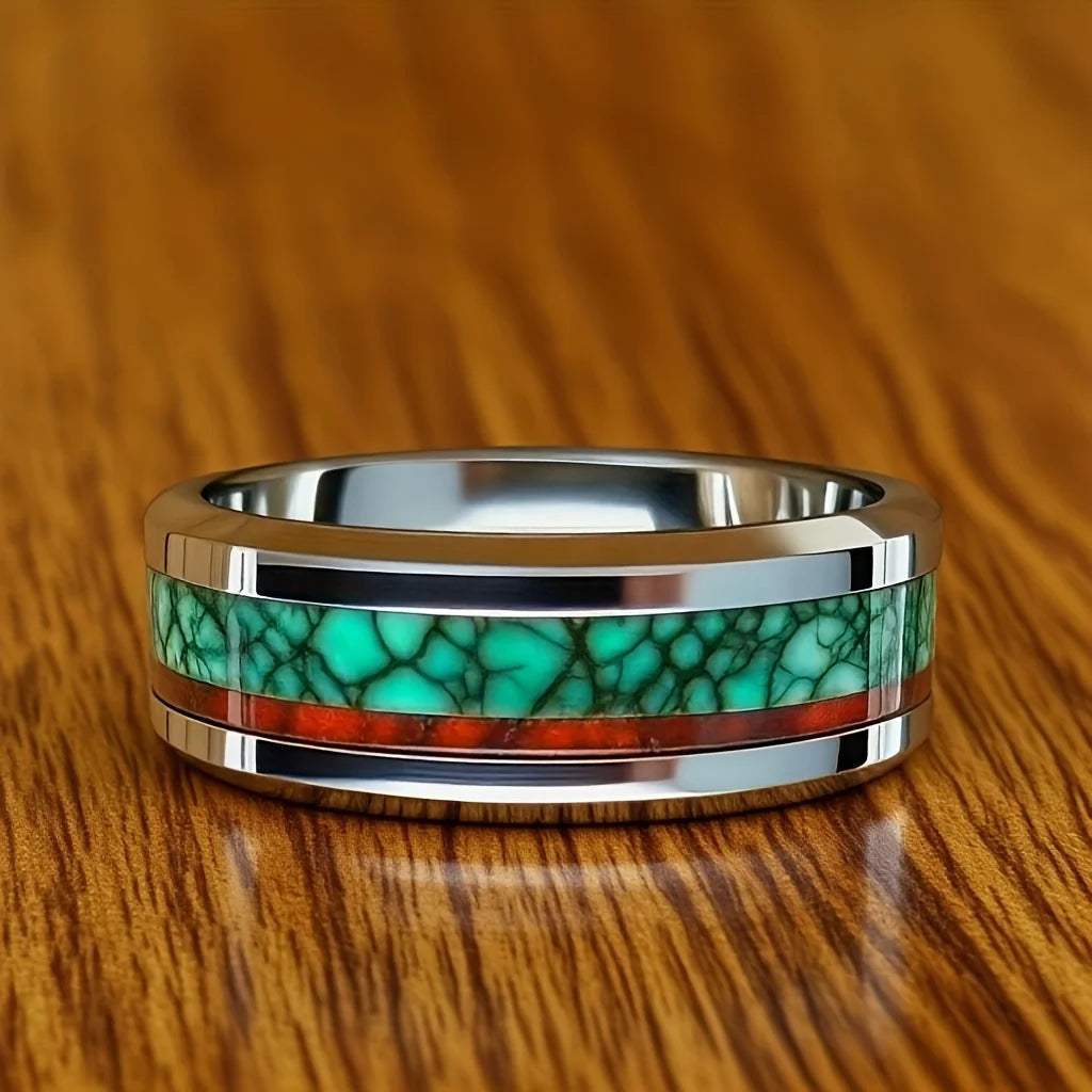 Bague malachite homme vue de face – veines vertes hypnotiques acier argenté