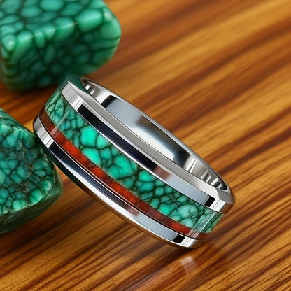 Bague malachite homme détail pierre – motif nébuleuse vert acier inoxydable