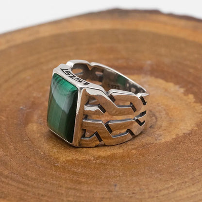 Bague homme malachite pierre naturelle verte de guérison rectangle argent sterling 925 