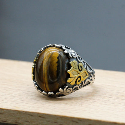 Bague oeil de tigre homme argent vintage