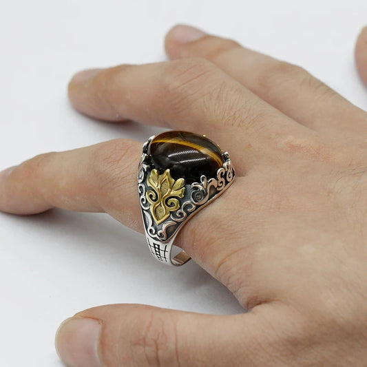 Bague oeil de tigre homme argent vintage