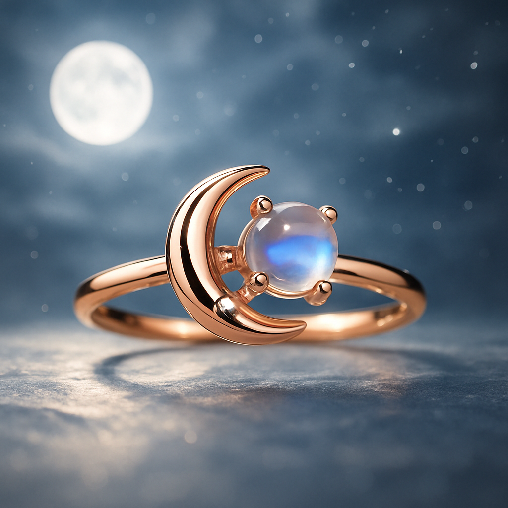 Bague pierre de lune en argent plaqué or croissant de lune