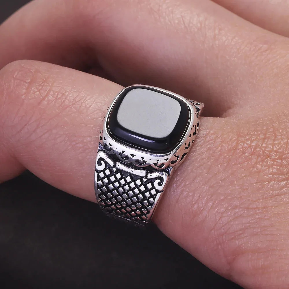 Bague pierre naturelle onyx argent homme vintage