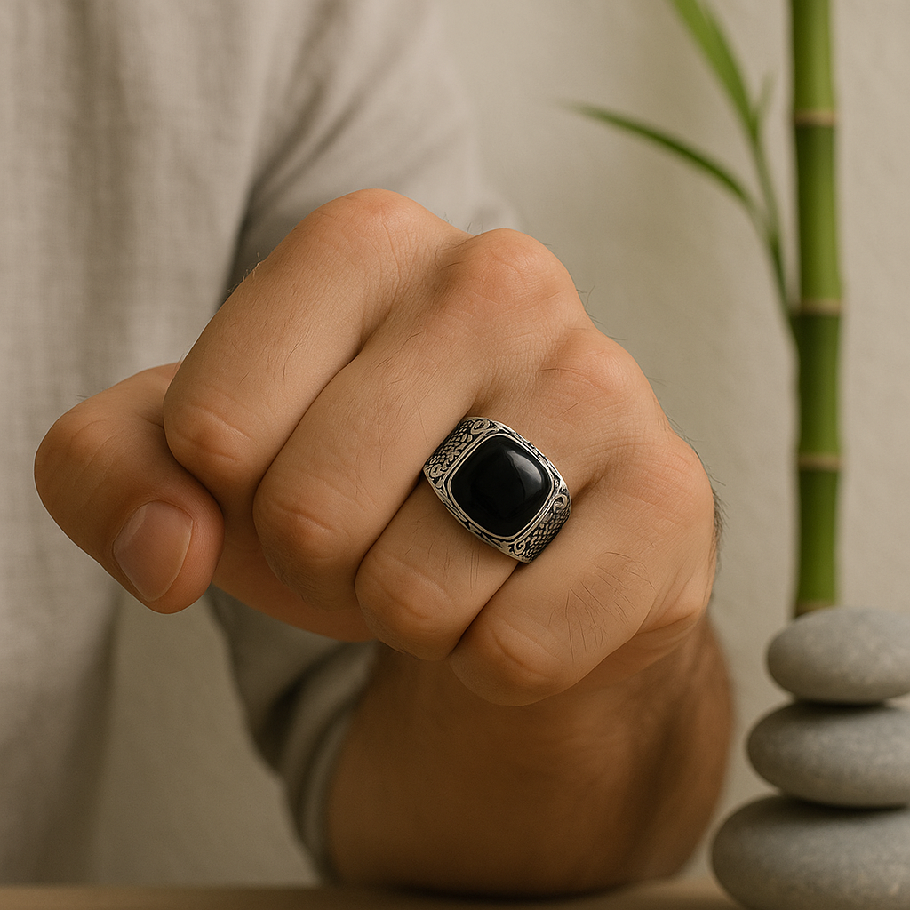 Bague pierre naturelle onyx anti-stress argent homme vintage zen 