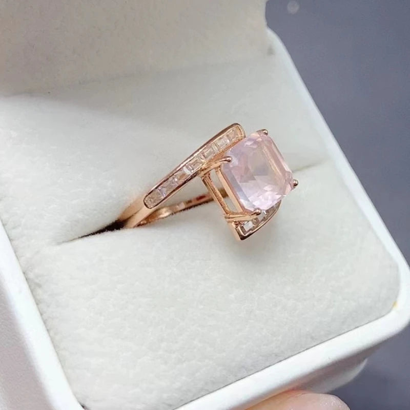 Bague femme quartz rose cube argent 925 plaqué or rose zircons