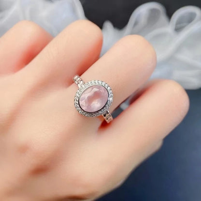 Bague femme argent quartz rose pierre naturelle ovale à facette entourée de zircons