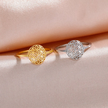 Bague spirituelle acier inoxydable dorée et argentée fleur de vie