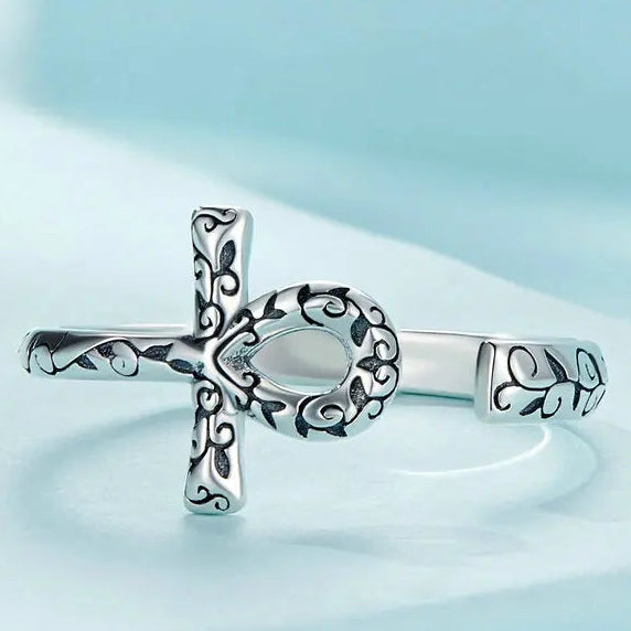 Bague spirituelle croix Ankh argent 925 symbole égyptien vie éternelle
