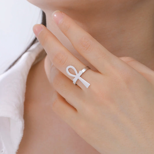 Bague spirituelle femme croix d'Ankh acier inoxydable