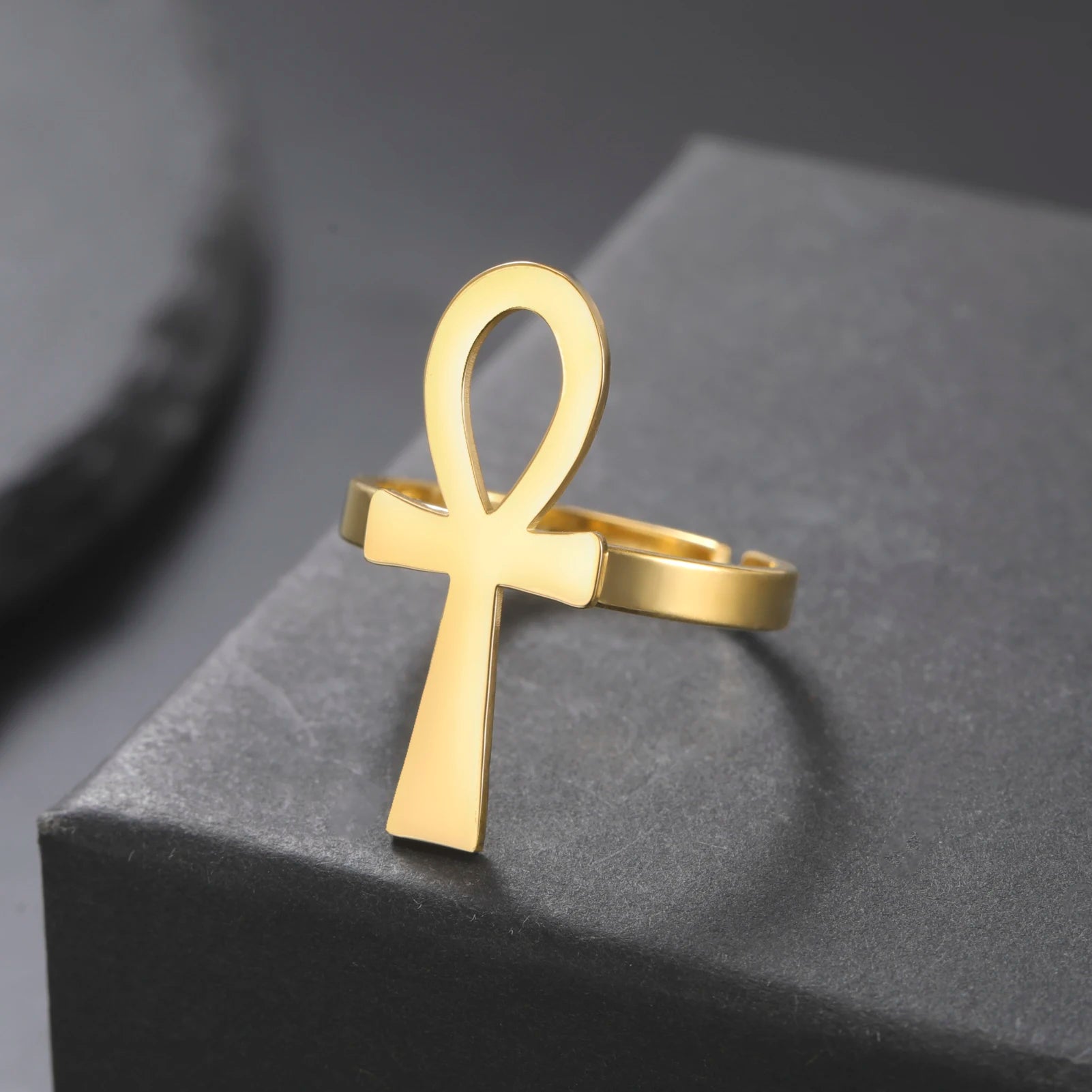 Bague spirituelle croix de vie acier inoxydable doré ajustable