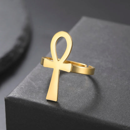 Bague spirituelle croix de vie acier inoxydable doré ajustable