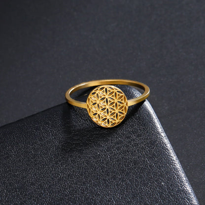 Bague spirituelle fleur de vie dorée acier inoxydable