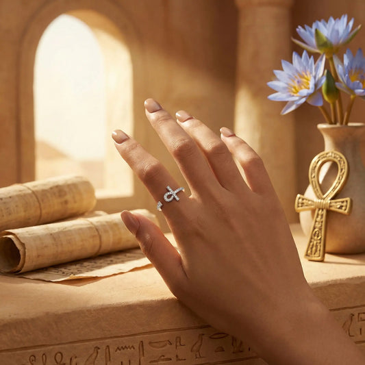 Bague spirituelle Ankh portée main femme talisman protection argent 925
