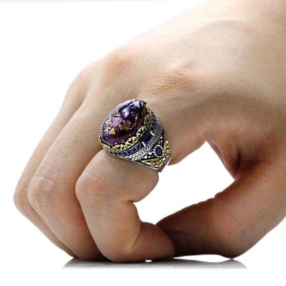 Bague turquoise spiny oyster reflets corail cuivrés homme argent vintage 