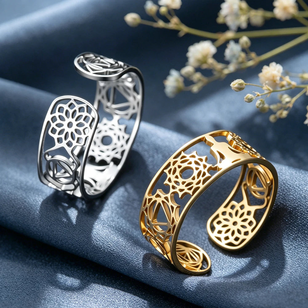 Bague yoga ajustable or et argent tissu bleu fleur