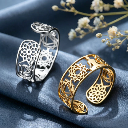 Bague yoga ajustable or et argent tissu bleu fleur