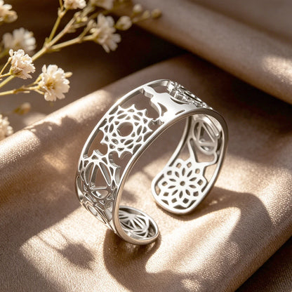 Bague yoga argentée tissu rose fleur spirituelle