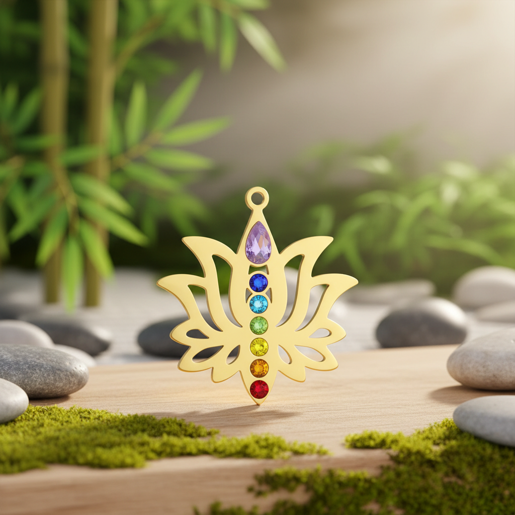 Bijoux fleur de lotus pendentif doré 7 chakra fond zen