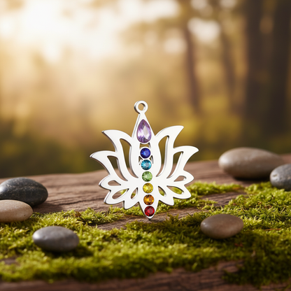 Bijoux fleur de lotus pendentif argenté 7 chakras fond zen