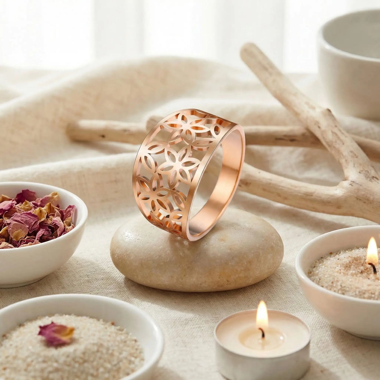 Bijoux fleur de vie bague femme acier inoxydable espace zen