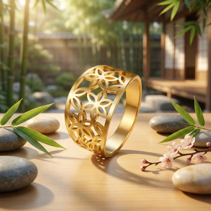 Bague bijoux fleur de vie motif géométrie sacrée acier inoydabe doré