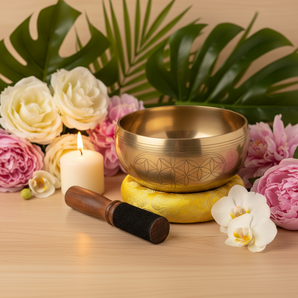 Bol yoga tibétain entouré de roses et bougie – décor zen naturel