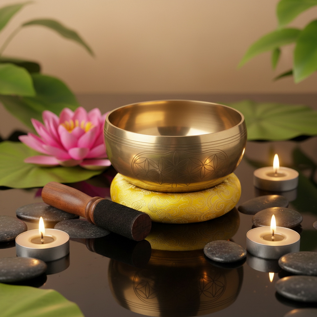 Bol yoga tibétain fleur de lotus rose et bougie – ambiance zen