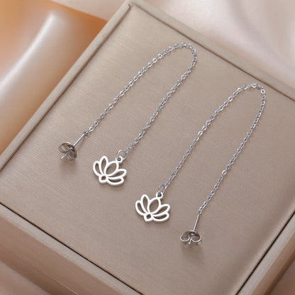 Boucles d'oreilles pendantes femme acier inoxydable argenté fleur de lotus écrin marron