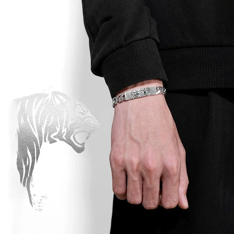 Bracelet homme argent yeux de tigre bleus zircons