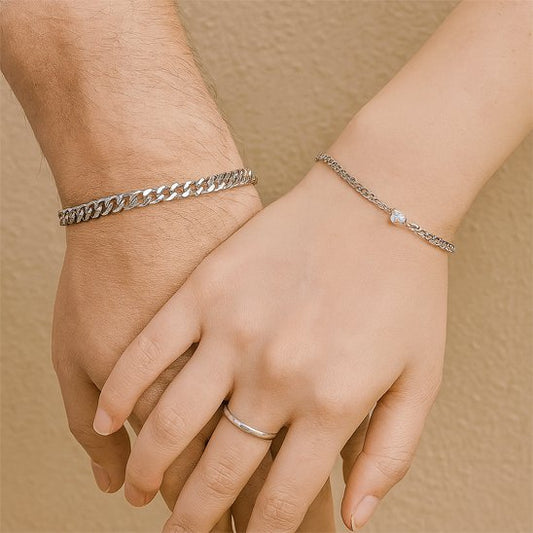 Bracelet couple en acier inoxydable argenté homme et femme