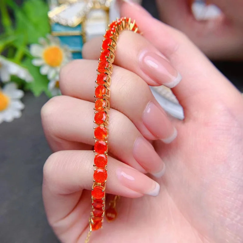 Bracelet femme argent plaqué or serti de pierres naturelles d'opale orange ajustable