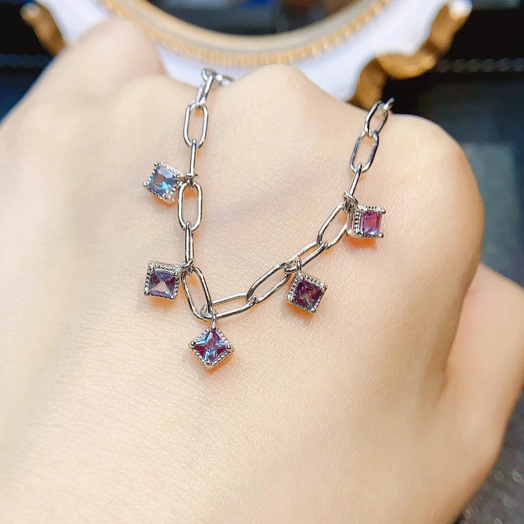 Bracelet femme argent chaine avec 5 pierres naturelle d'Alexandrite 