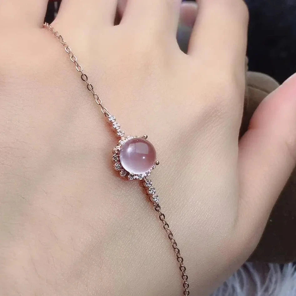 Bracelet femme tendance chaine argent plaqué or rose boule pierre naturelle de quartz rose