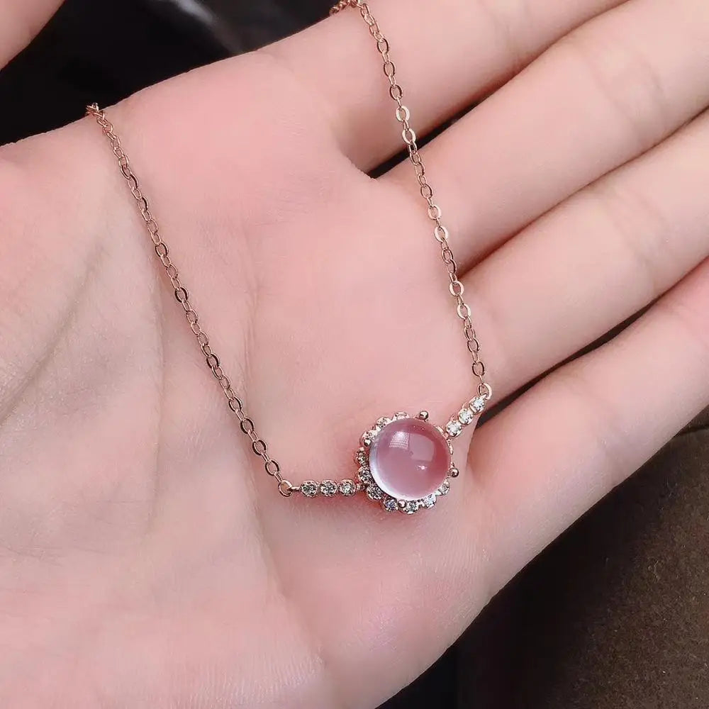 Bracelet femme tendance chaine argent plaqué or rose boule pierre naturelle de quartz rose