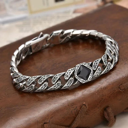 Bracelet homme argent retro pierre noire en losange