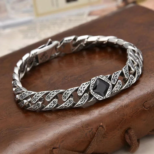 Bracelet homme argent retro pierre noire en losange