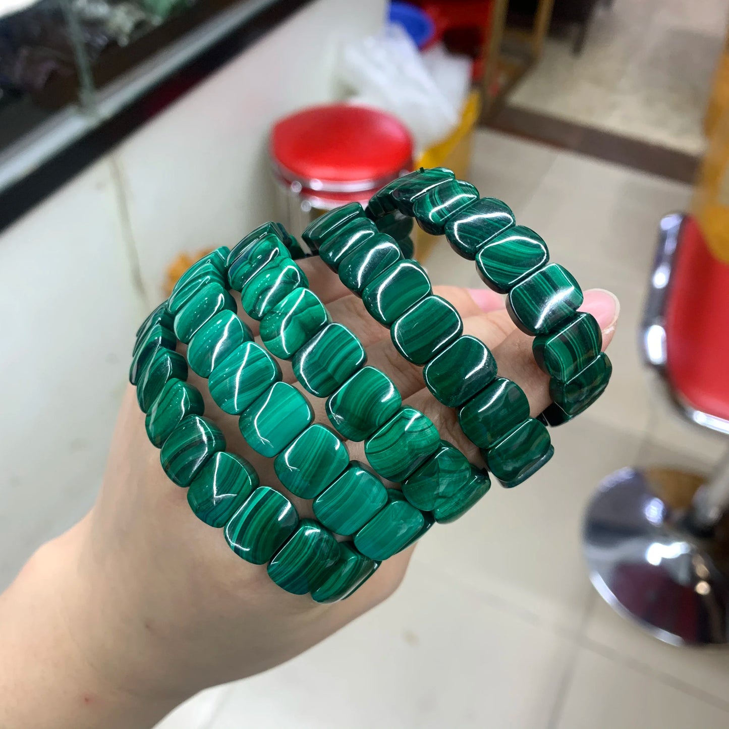 Bracelet malachite pierre anti-stress verte – perles polies brillantes femme