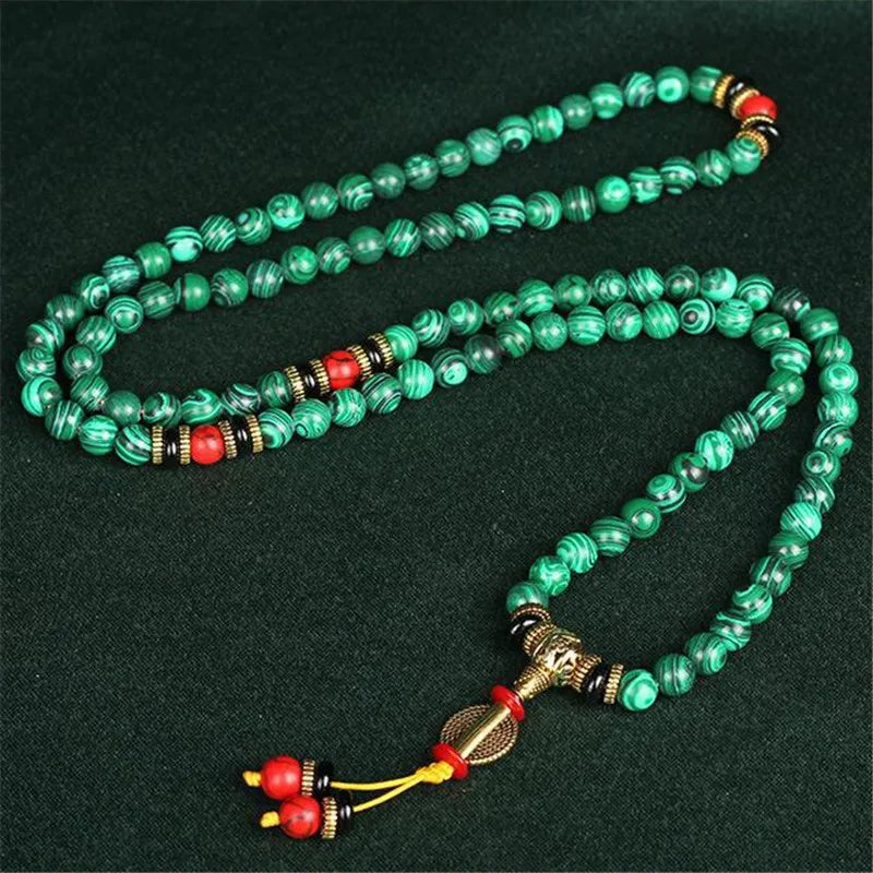 Bracelet perle malachite 108 perles 8mm noué à la main – mala méditation unisexe