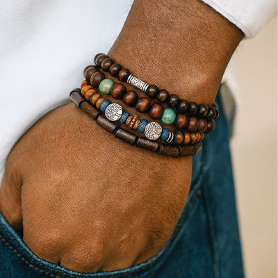 Bracelet perle homme bois naturel pierre semi-précieuse