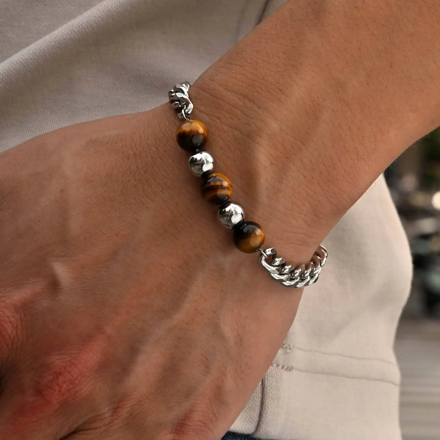 Bracelet perle homme oeil de tigre acier inoxydable